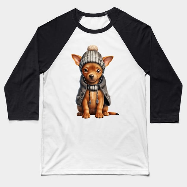 Winter Miniature Pinscher Dog Baseball T-Shirt by Chromatic Fusion Studio